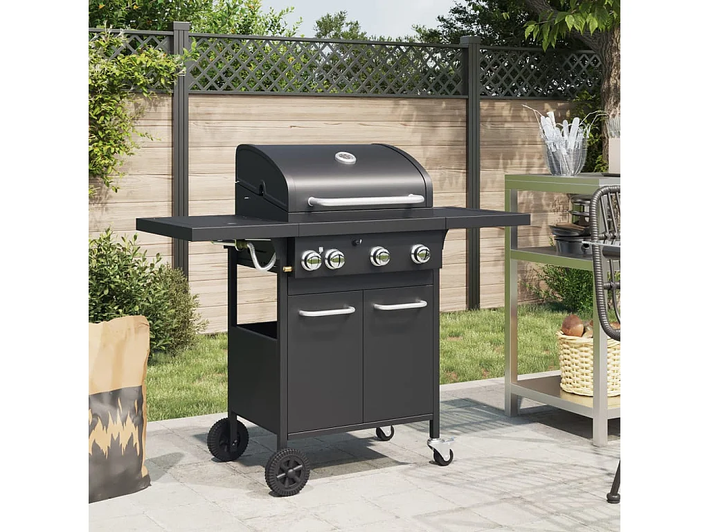 Barbecue gril à gaz avec 4 br?leurs noir acier enduit de poudre