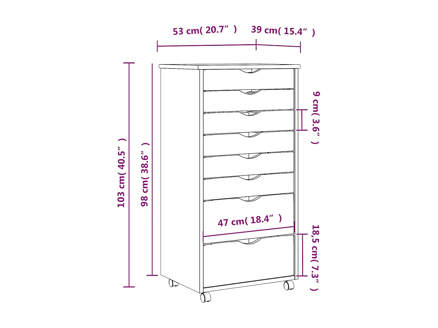 Armadio a rotelle con cassetti MOSS miele marrone legno di pino