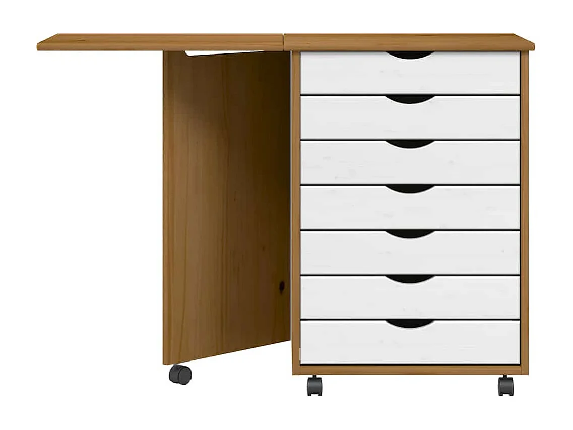 Mueble con ruedas y escritorio MOSS madera de pino color marrón miel