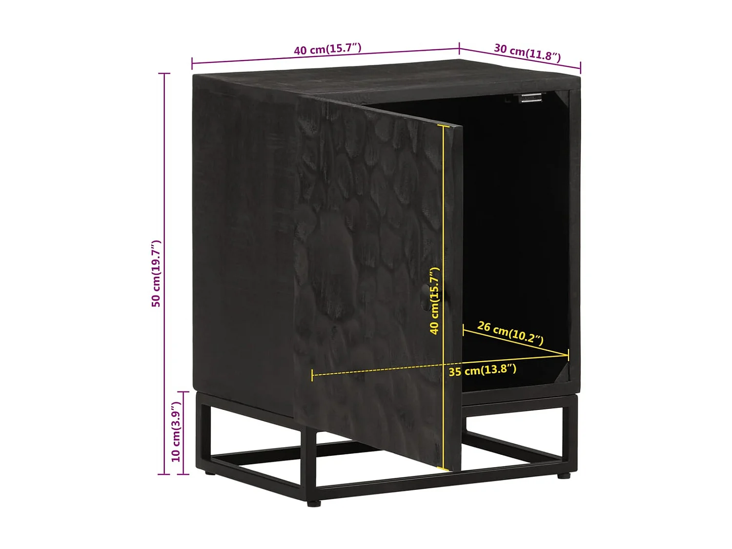 Table de chevet noir 40x30x50 cm bois massif manguier et fer