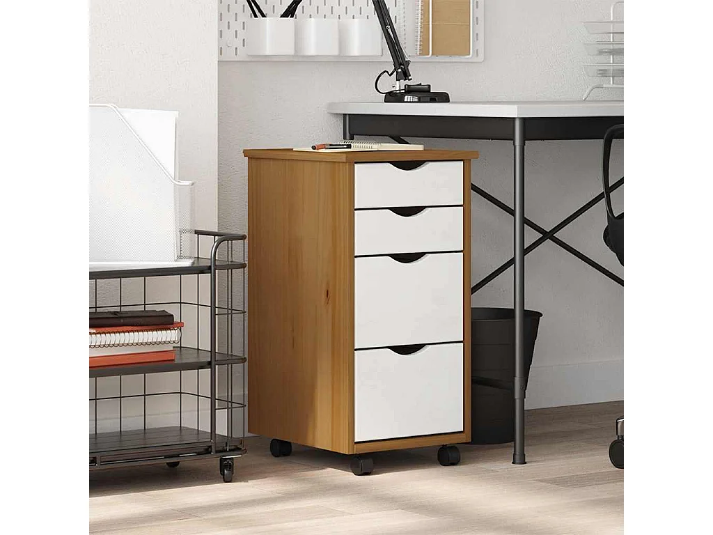Armoire roulante avec tiroirs MOSS bois de pin marron miel