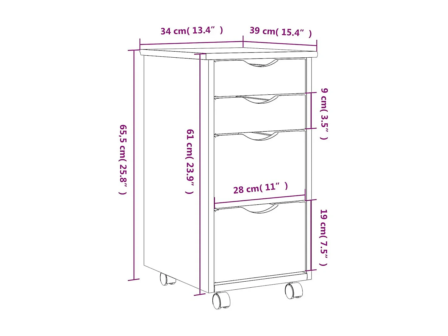 Armoire roulante avec tiroirs MOSS bois de pin marron miel