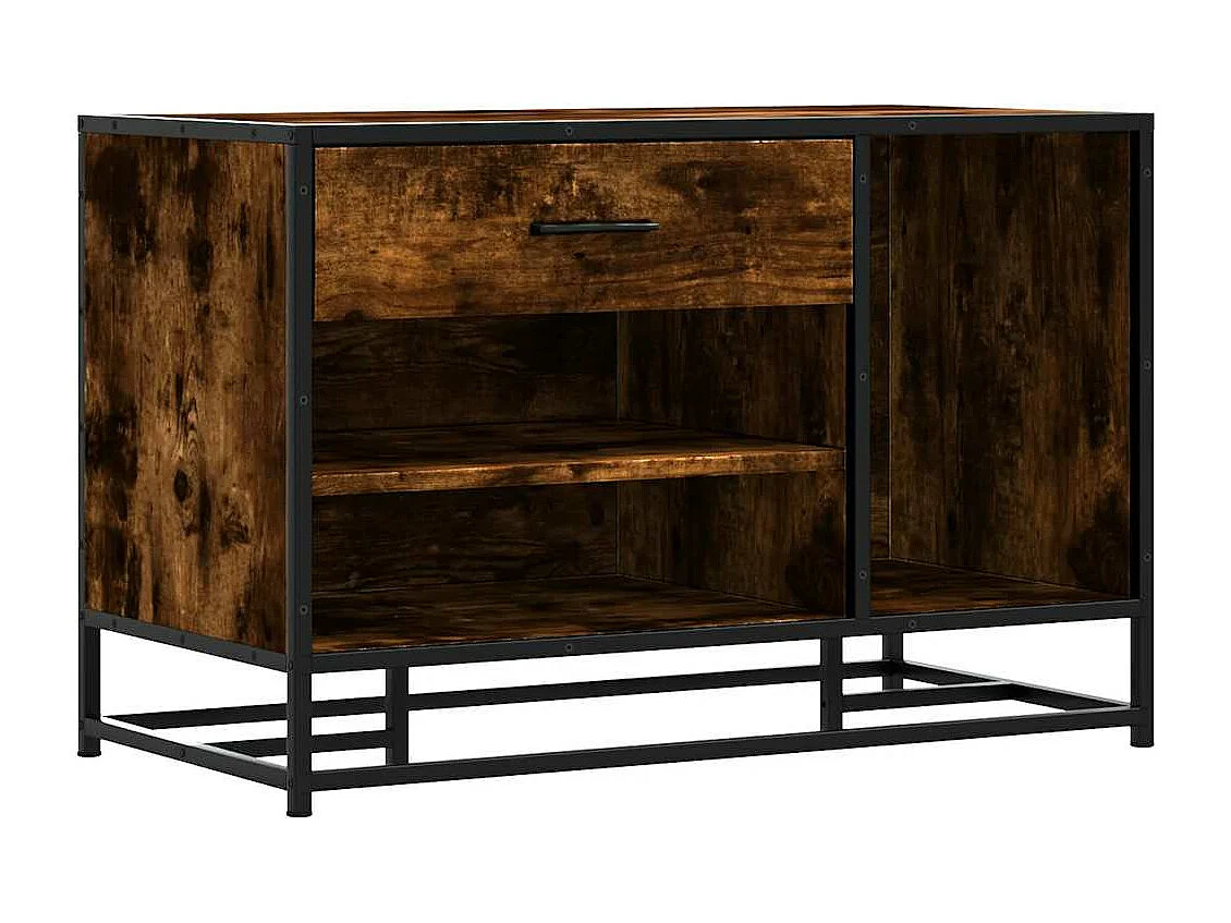 Gerookte eikenhouten schoenenbank, bewerkt hout en metaal