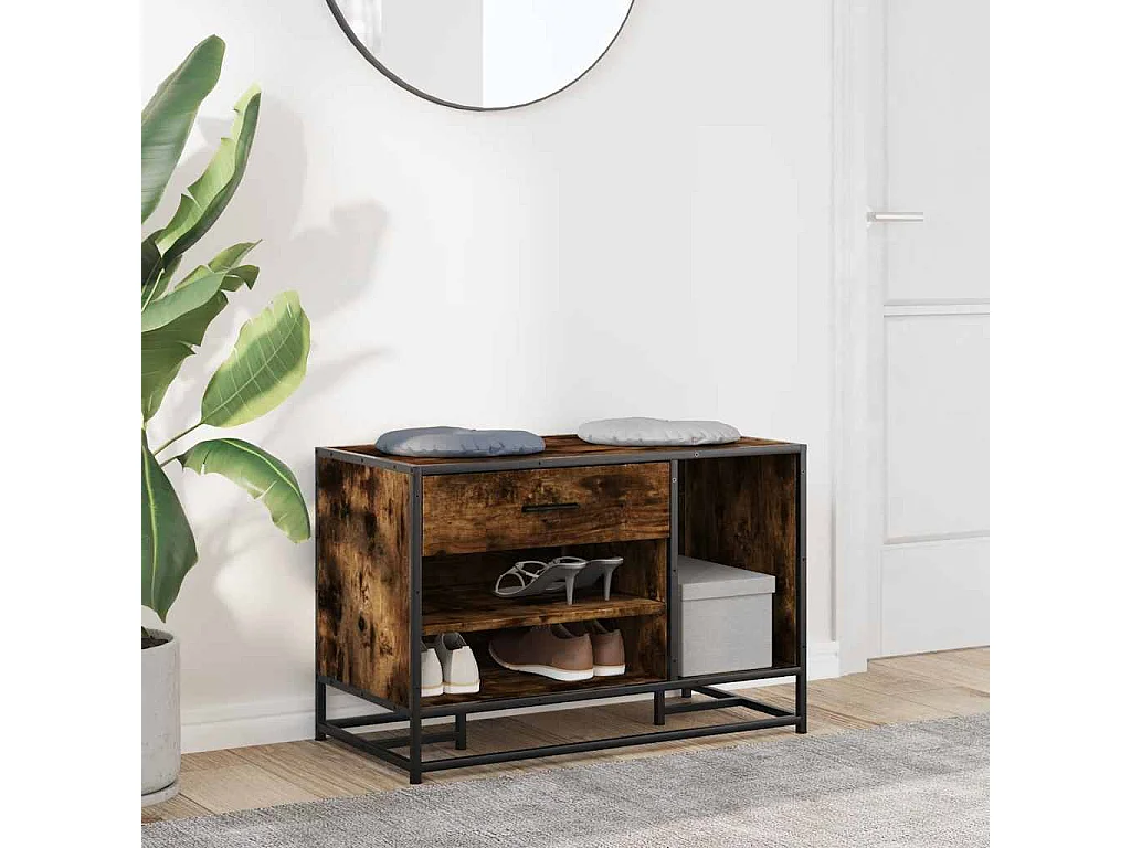 Gerookte eikenhouten schoenenbank, bewerkt hout en metaal