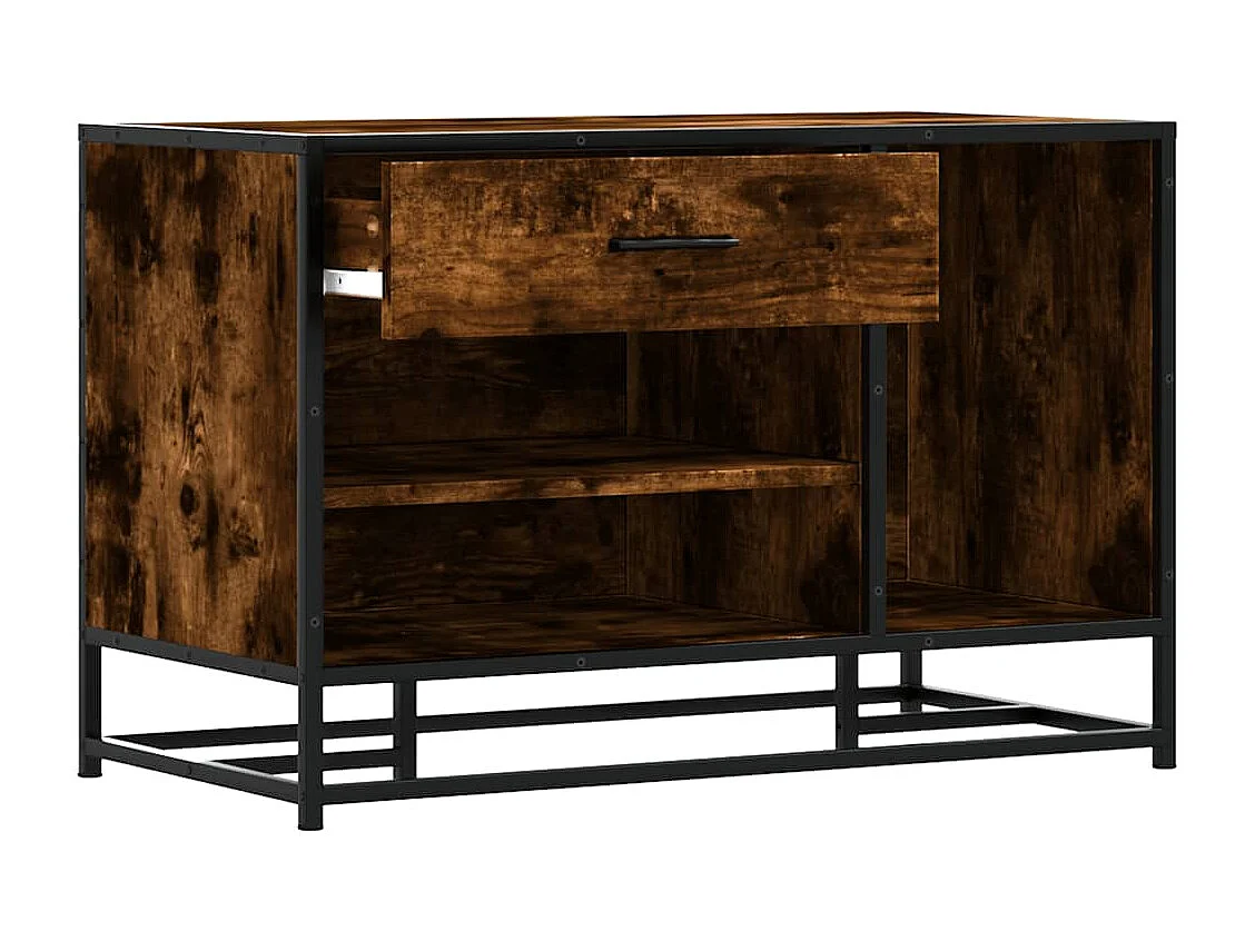 Gerookte eikenhouten schoenenbank, bewerkt hout en metaal