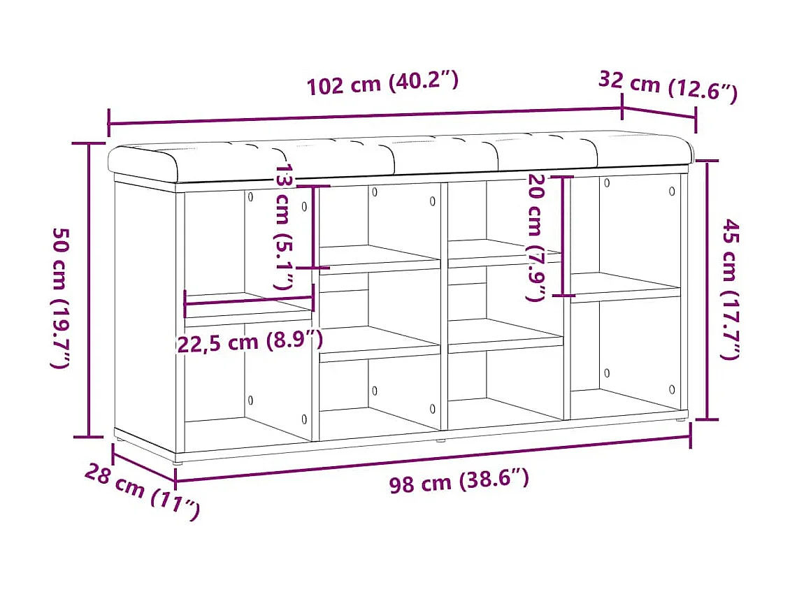 Banco zapatero roble craft 102x32x50cm madera de ingeniería