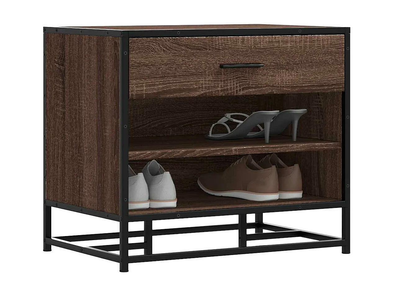 Bruine eikenhouten schoenbank van bewerkt hout en metaal