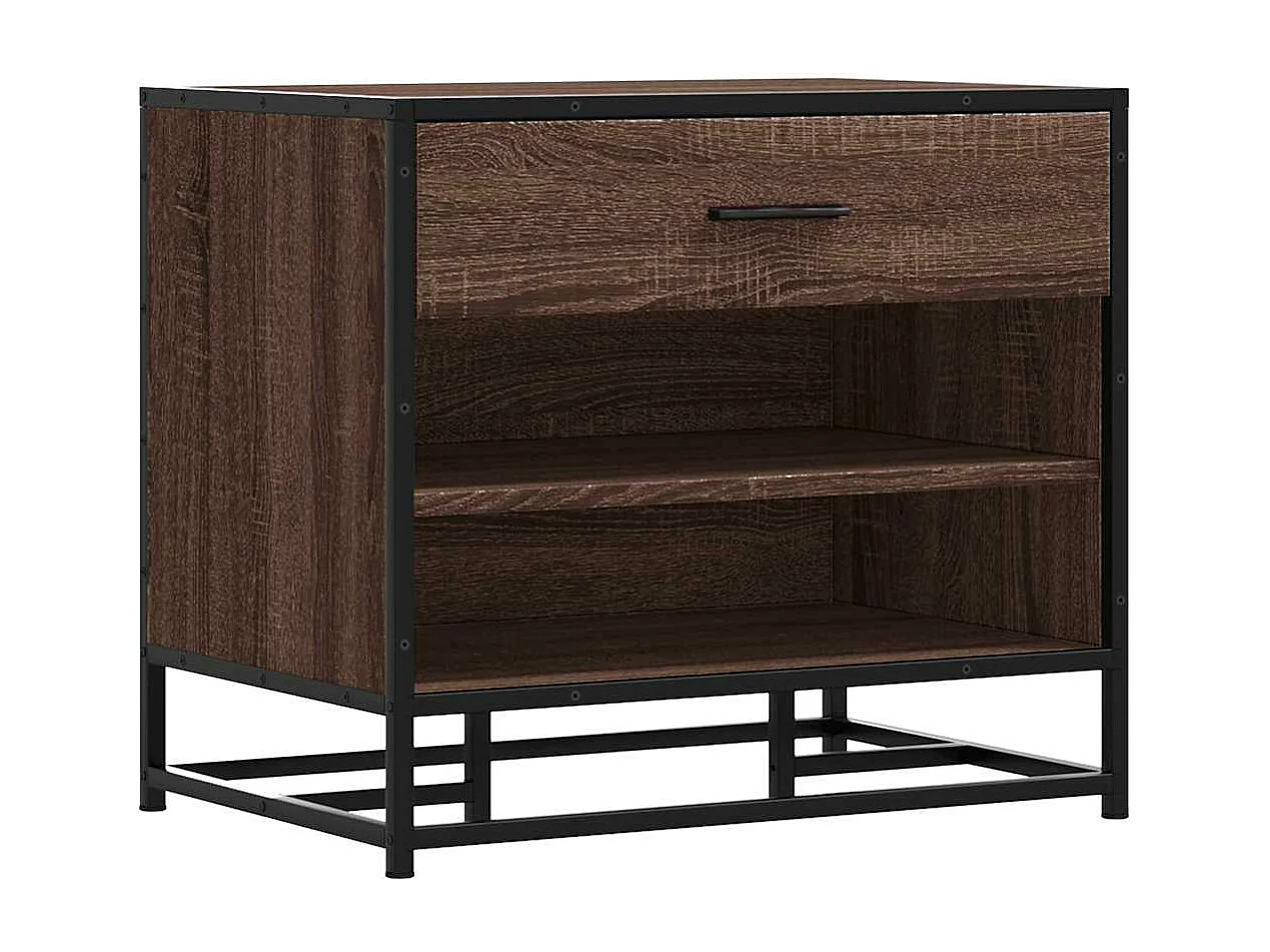 Bruine eikenhouten schoenbank van bewerkt hout en metaal