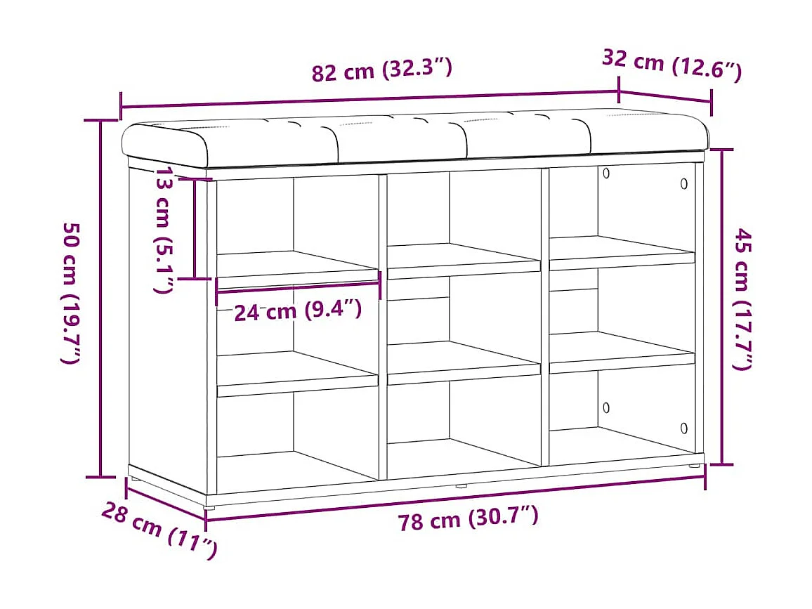 Banco zapatero roble craft 82x32x50 cm madera de ingeniería
