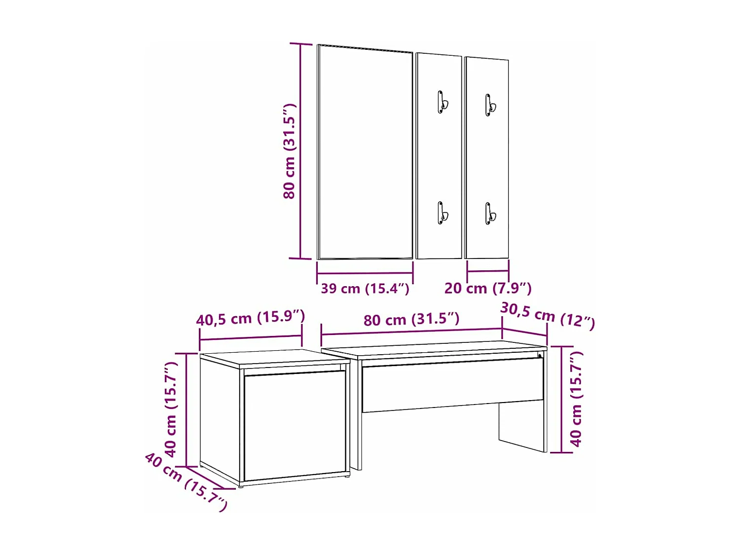 Set di mobili da ingresso in rovere, legno ingegnerizzato artigianale