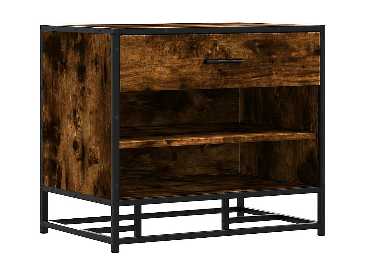 Gerookte eikenhouten schoenenbank, bewerkt hout en metaal