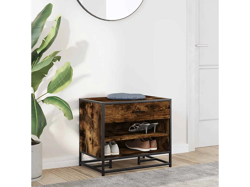 Gerookte eikenhouten schoenenbank, bewerkt hout en metaal