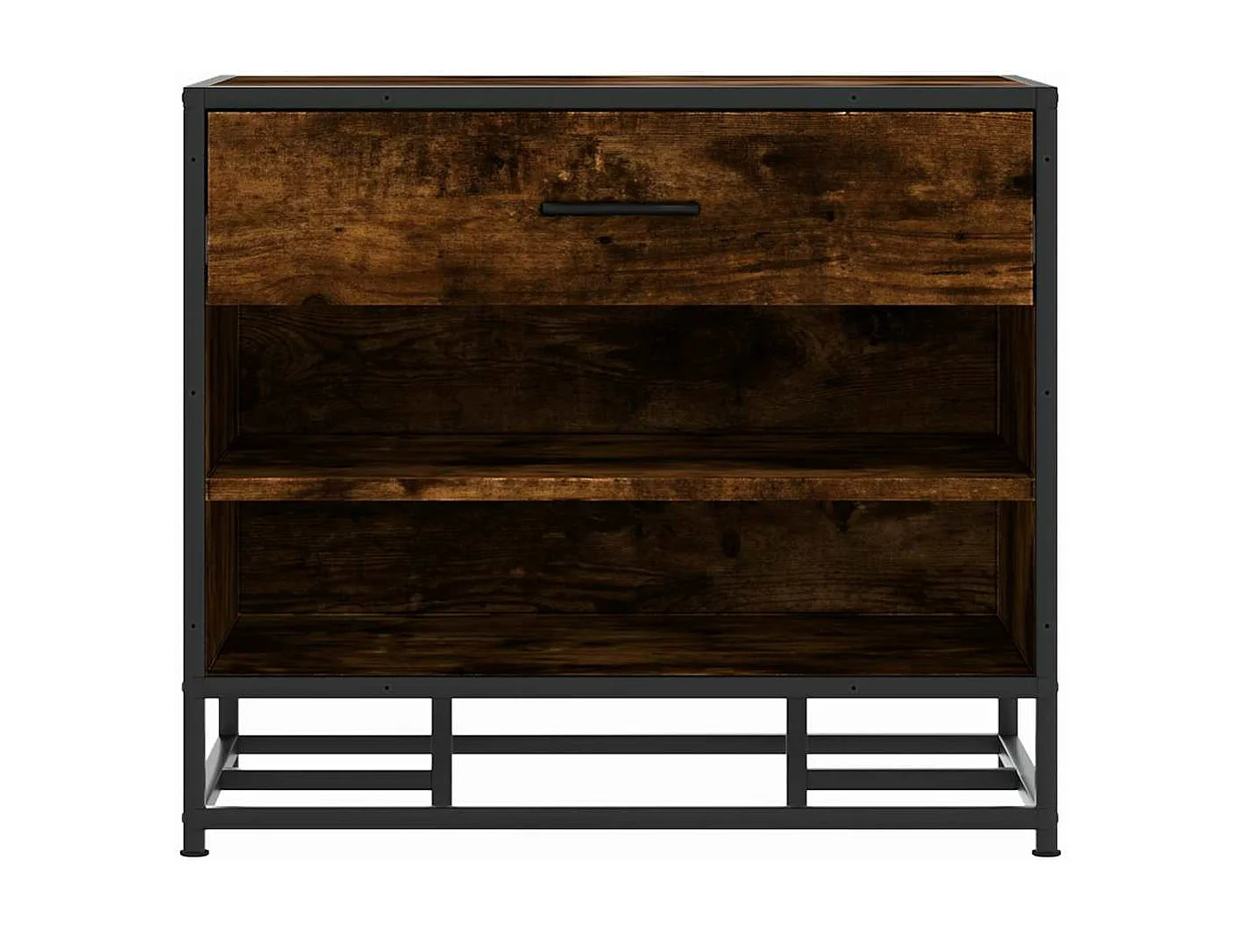 Gerookte eikenhouten schoenenbank, bewerkt hout en metaal