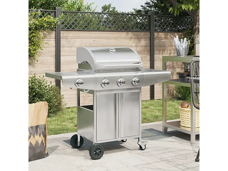 Barbecue a gas con 4 bruciatori in acciaio inox argentato