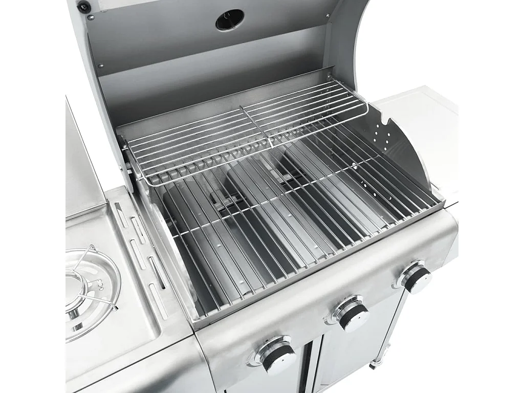 Barbecue a gas con 4 bruciatori in acciaio inox argentato