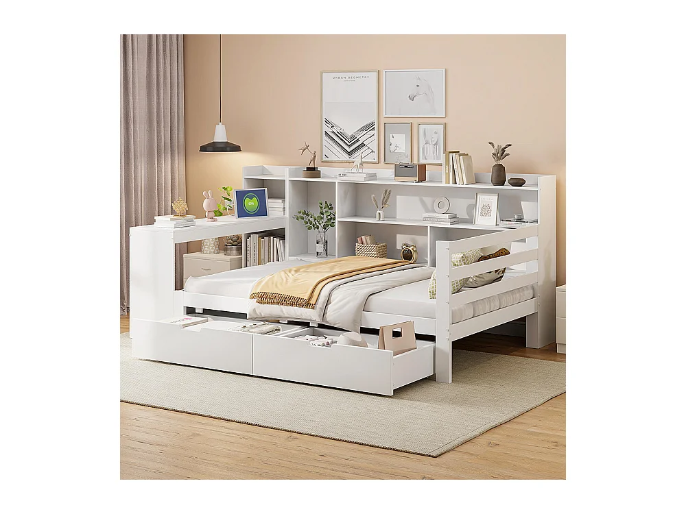 Lit combiné Lit avec tiroir 90x200 avec bureau étagère casiers et rayonnages avec prise de courant avec 2 grands casiers Blanc