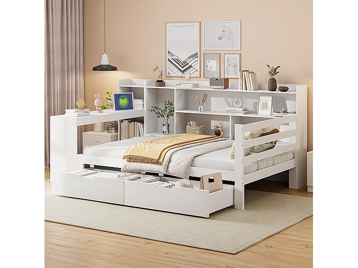 Lit Combiné 90 X 190 Cm Avec Rangements Et Bureau En Pin Et MDF Blanc Matelas Abreno