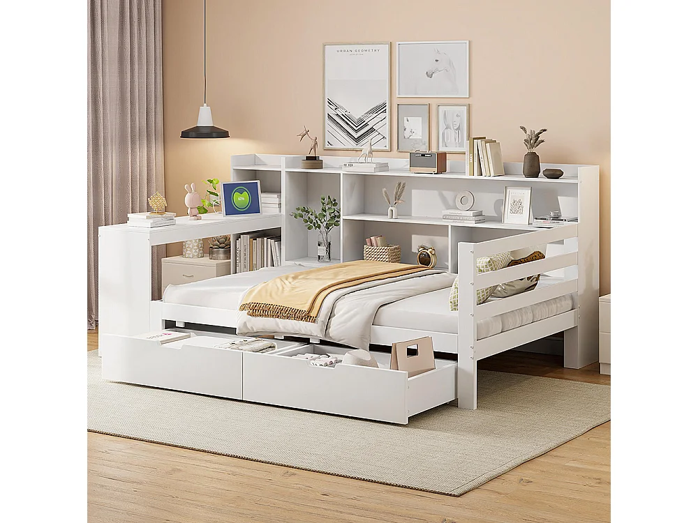 Lit combiné Lit avec tiroir 90x200 avec bureau étagère casiers et rayonnages avec prise de courant avec 2 grands casiers Blanc