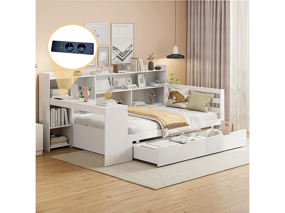 Lit combiné Lit avec tiroir 90x200 avec bureau étagère casiers et rayonnages avec prise de courant avec 2 grands casiers Blanc