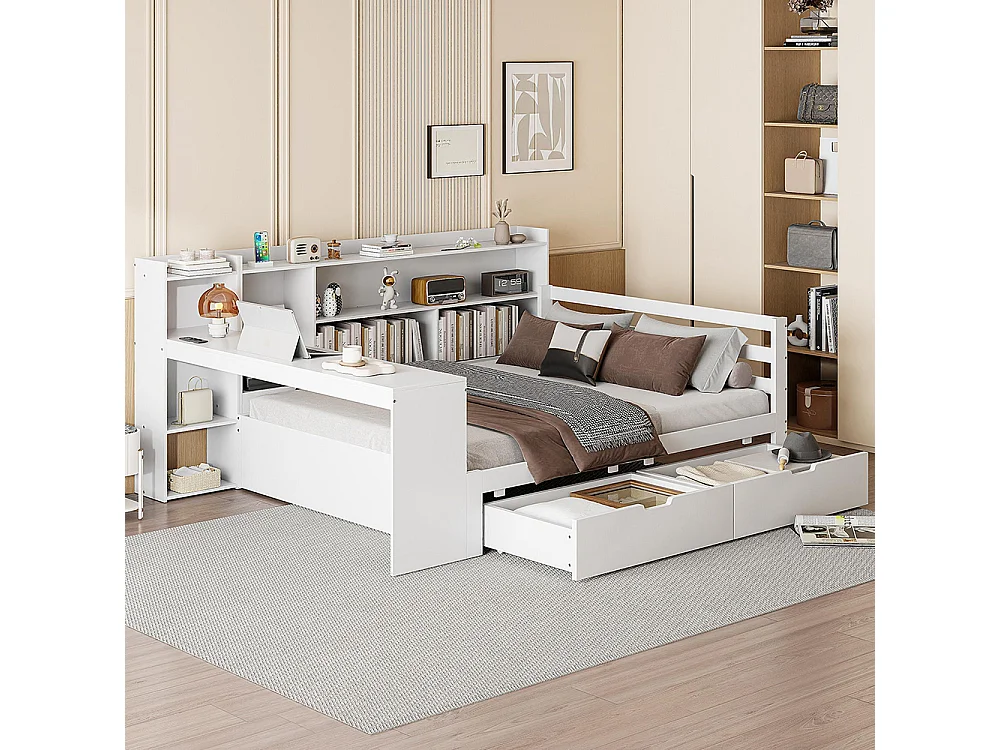 Lit combiné Lit avec tiroir 140x200 avec bureau étagère casiers et rayonnages avec prise de courant avec 2 grands casiers Blanc