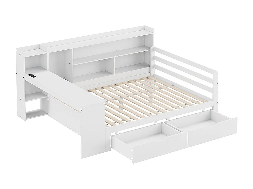 Lit combiné Lit avec tiroir 140x200 avec bureau étagère casiers et rayonnages avec prise de courant avec 2 grands casiers Blanc