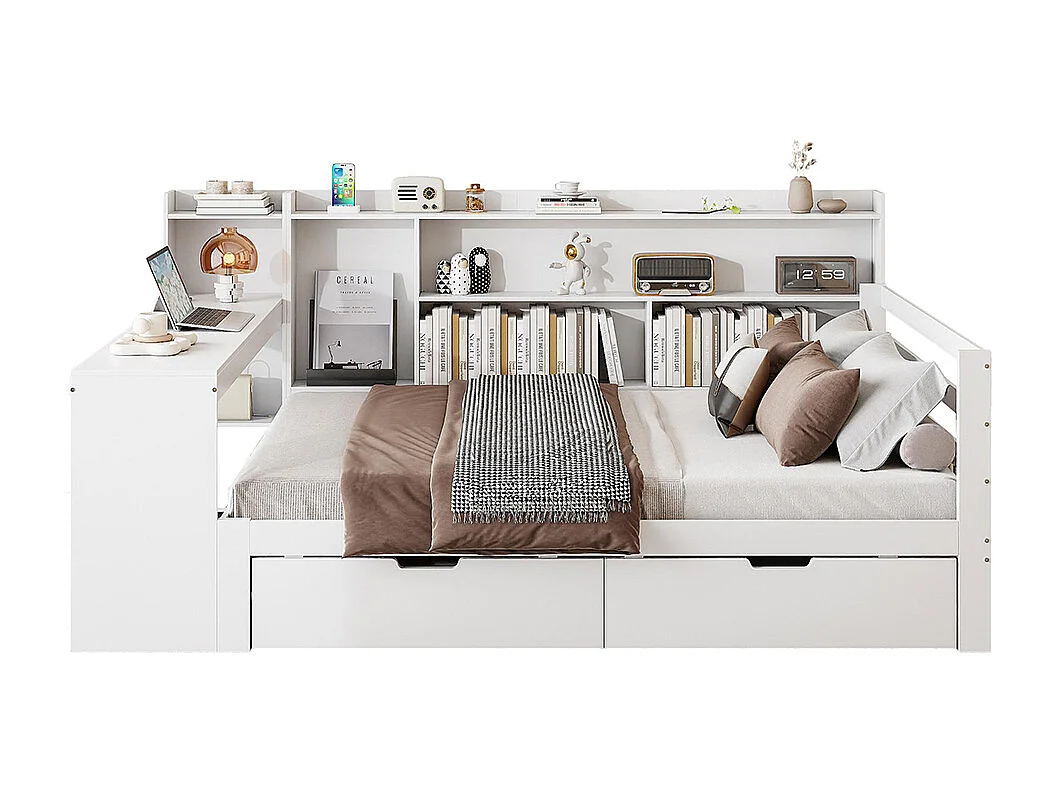 Lit combiné Lit avec tiroir 140x200 avec bureau étagère casiers et rayonnages avec prise de courant avec 2 grands casiers Blanc