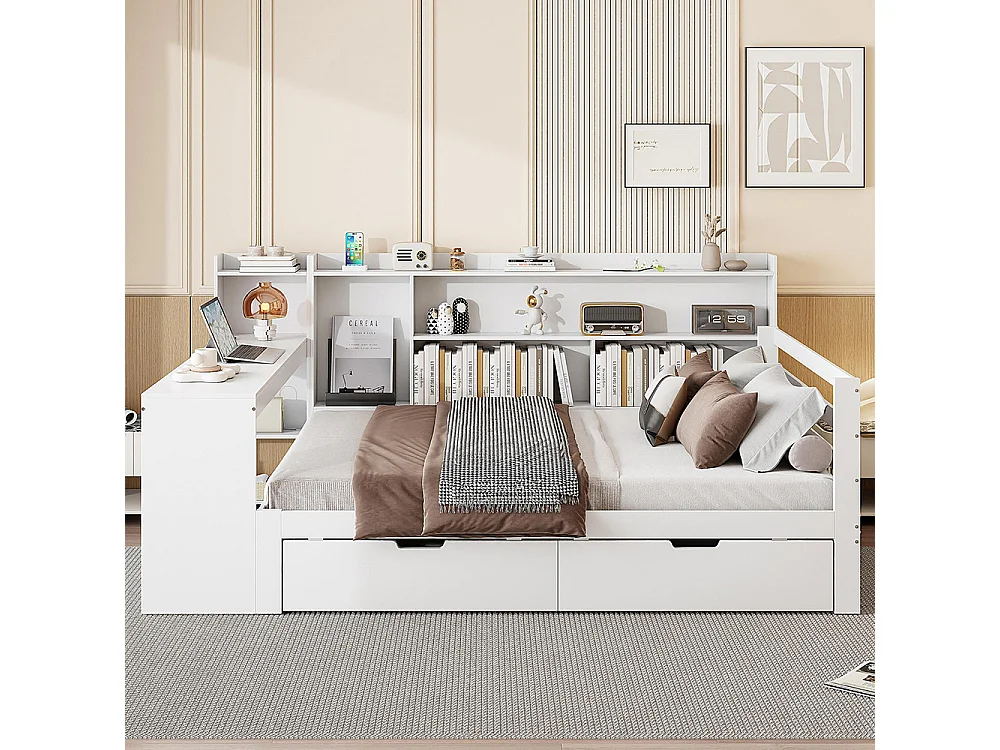 Lit combiné Lit avec tiroir 140x200 avec bureau étagère casiers et rayonnages avec prise de courant avec 2 grands casiers Blanc