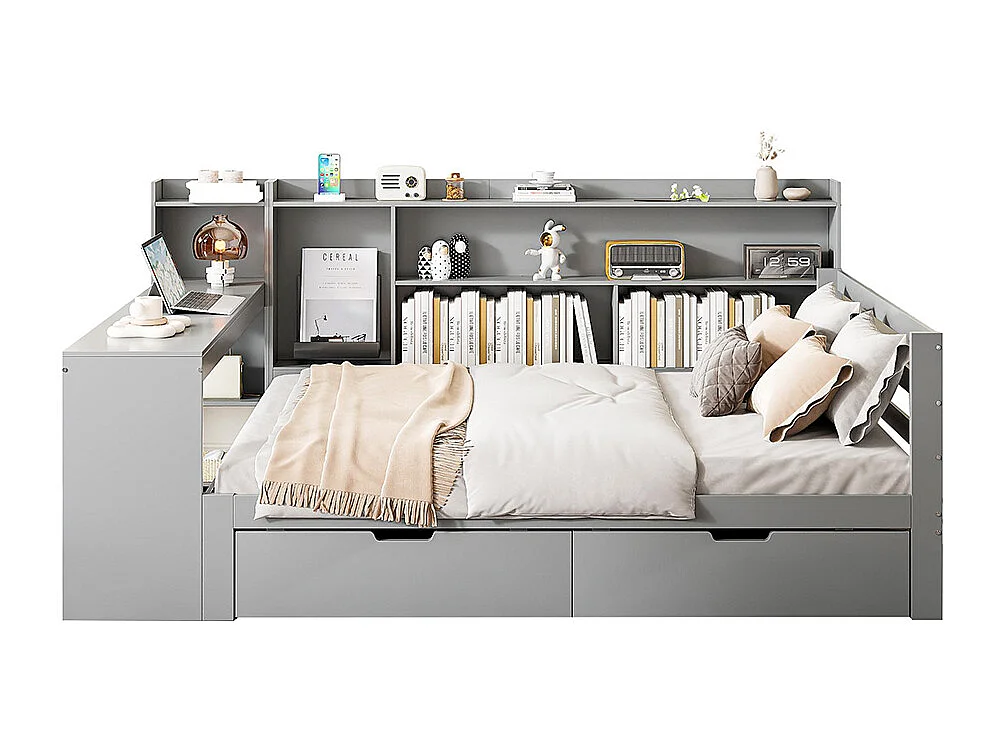 Lit combiné Lit avec tiroir 140x200 avec bureau étagère casiers et rayonnages avec prise de courant avec 2 grands casiers Gris