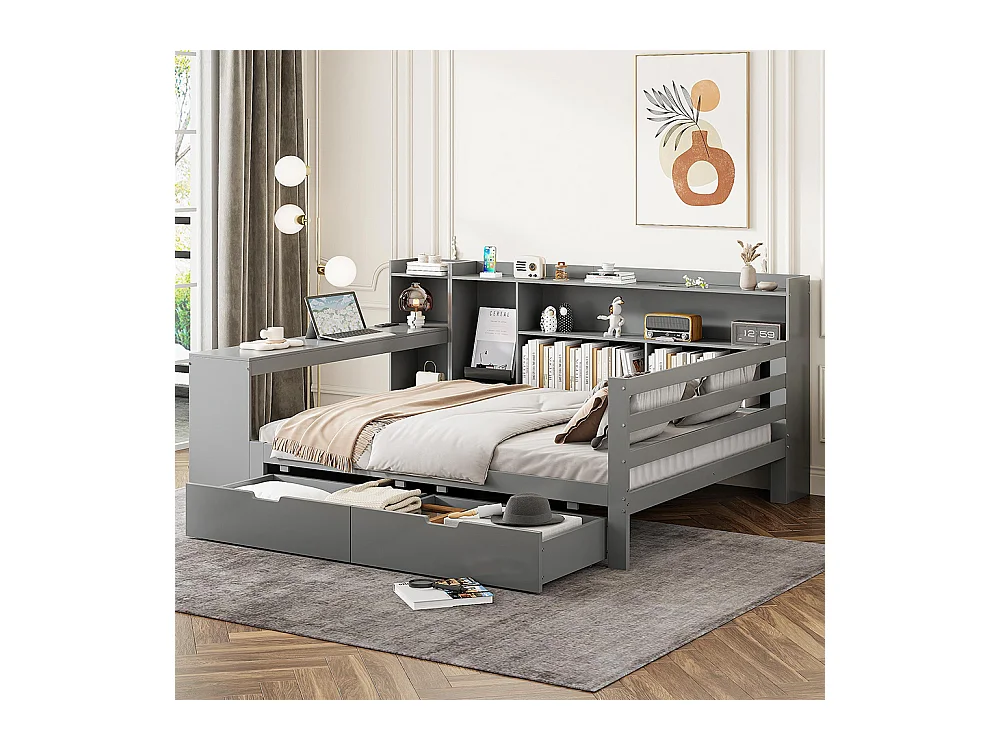 Lit combiné Lit avec tiroir 140x200 avec bureau étagère casiers et rayonnages avec prise de courant avec 2 grands casiers Gris