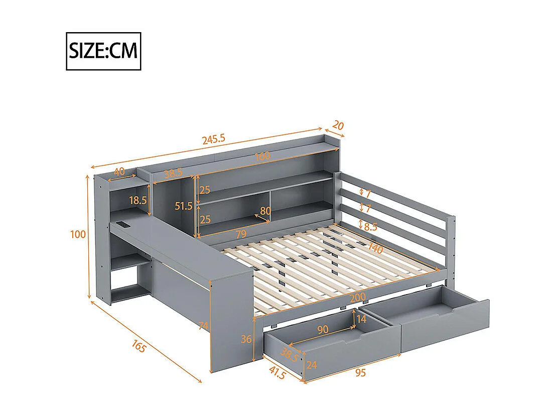 Lit combiné Lit avec tiroir 140x200 avec bureau étagère casiers et rayonnages avec prise de courant avec 2 grands casiers Gris