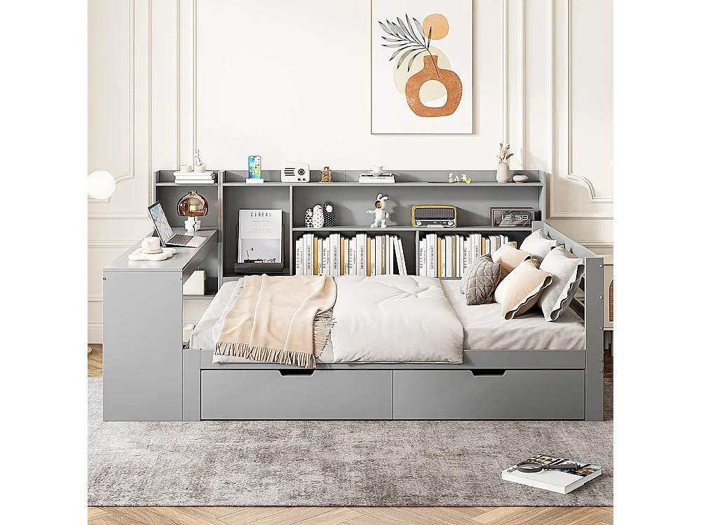 Lit combiné Lit avec tiroir 140x200 avec bureau étagère casiers et rayonnages avec prise de courant avec 2 grands casiers Gris