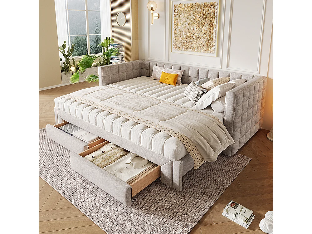 Cadre de lit Lit avec tiroir 90x200 avec dossier carré lit extensible (extensible jusqu'à 180 cm) 2 tiroirs sans matelas Beige
