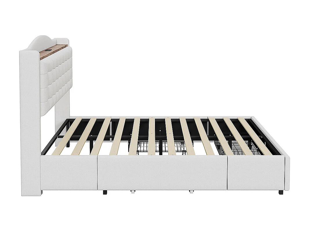 Cadre de lit Lit avec tiroir 140x200 table de nuit avec port USB et étagère lit double plat avec 4 tiroirs Tissu en Lin Beige