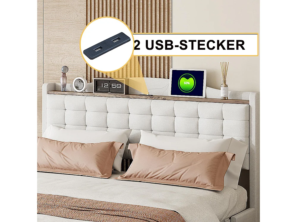 Cadre de lit Lit avec tiroir 140x200 table de nuit avec port USB et étagère lit double plat avec 4 tiroirs Tissu en Lin Beige