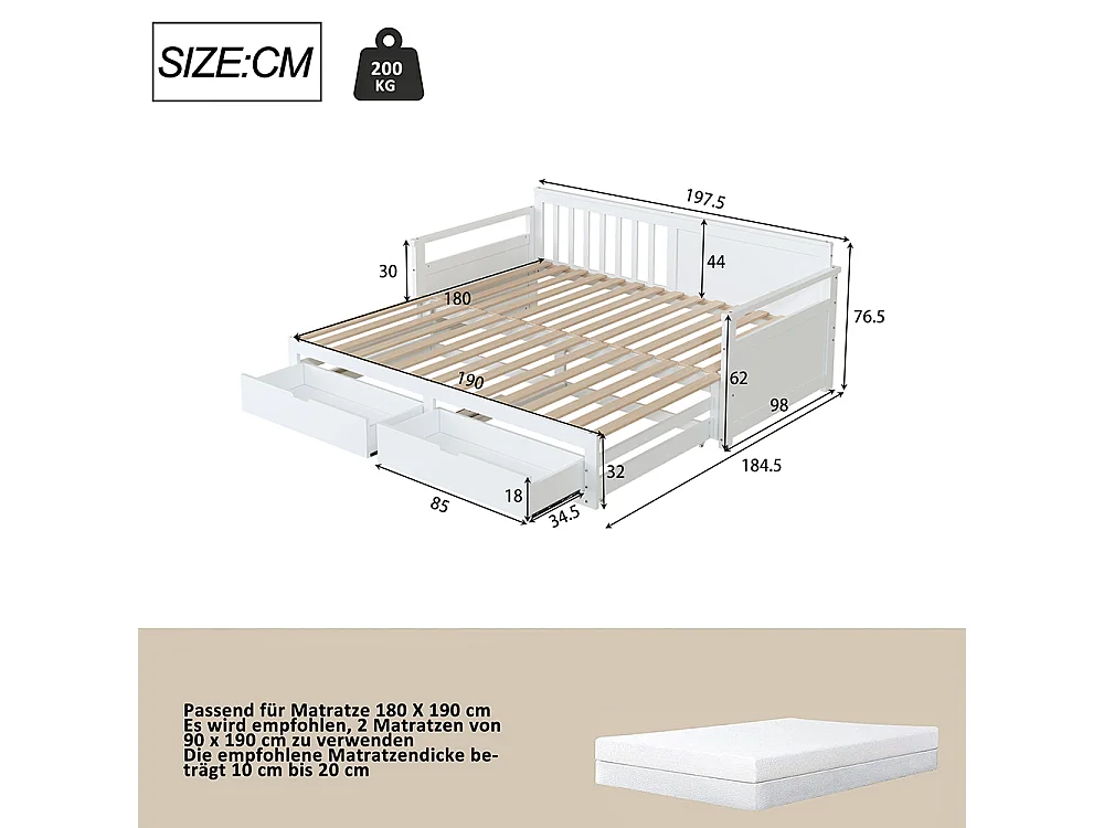 Cadre de lit Lit avec tiroir 90/180x190 avec lit en pin  tiroirs et lit gigogne lit extensible Blanc