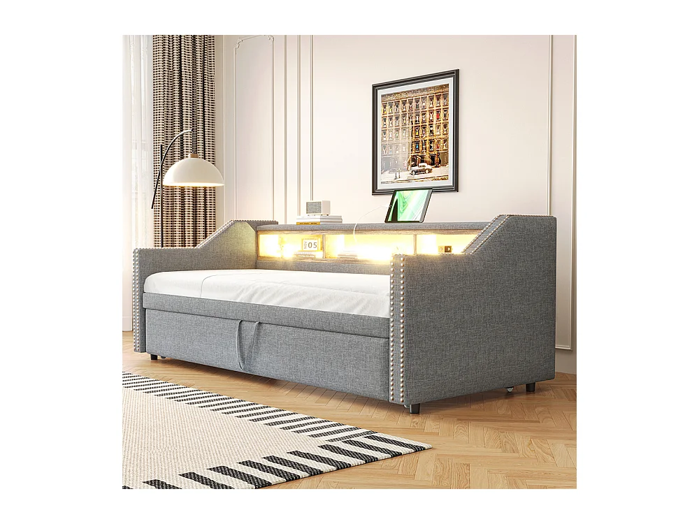 Cadre de lit Lit extensible 90/180x190 Rangement multifonctionnel LED et prise USB Gris clair