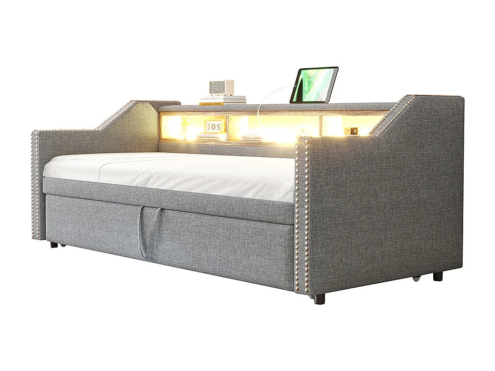 Cadre de lit Lit extensible 90/180x190 Rangement multifonctionnel LED et prise USB Gris clair