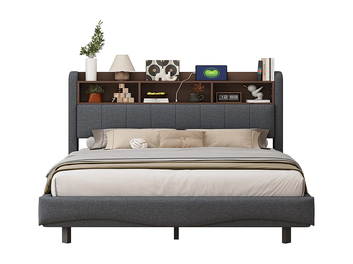 Cadre de lit suspendu 160x200 lit de rangement multifonctionnel avec LED interface USB et TYPE-C Gris