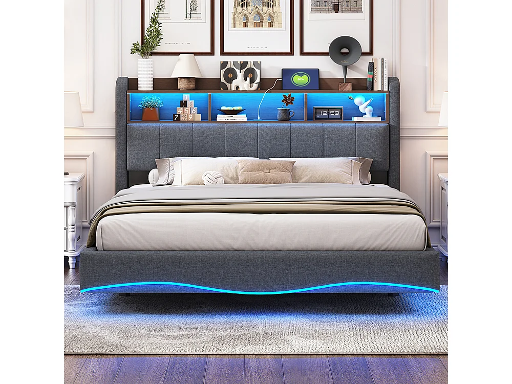 Cadre de lit suspendu 160x200 lit de rangement multifonctionnel avec LED interface USB et TYPE-C Gris