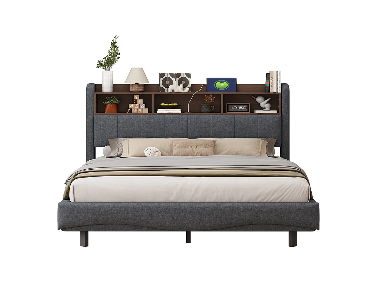 Cadre de lit suspendu 160x200 lit de rangement multifonctionnel avec LED interface USB et TYPE-C Gris