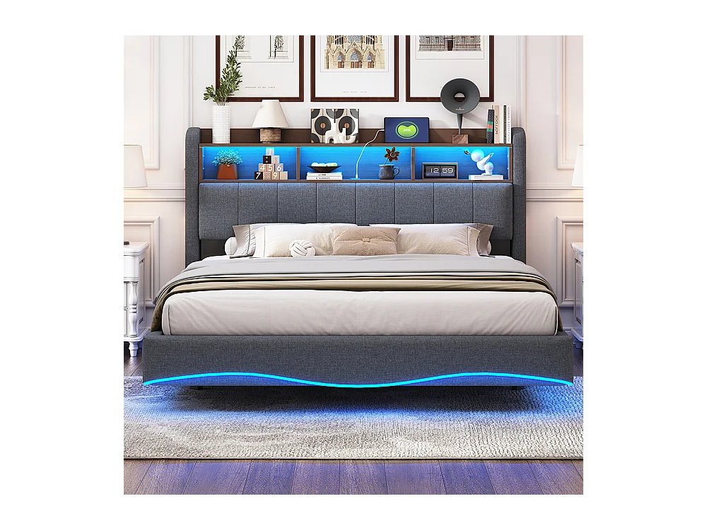 Cadre de lit suspendu 160x200 lit de rangement multifonctionnel avec LED interface USB et TYPE-C Gris