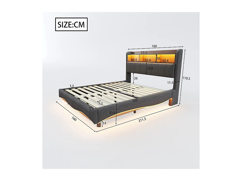 Cadre de lit suspendu 160x200 lit de rangement multifonctionnel avec LED interface USB et TYPE-C Gris