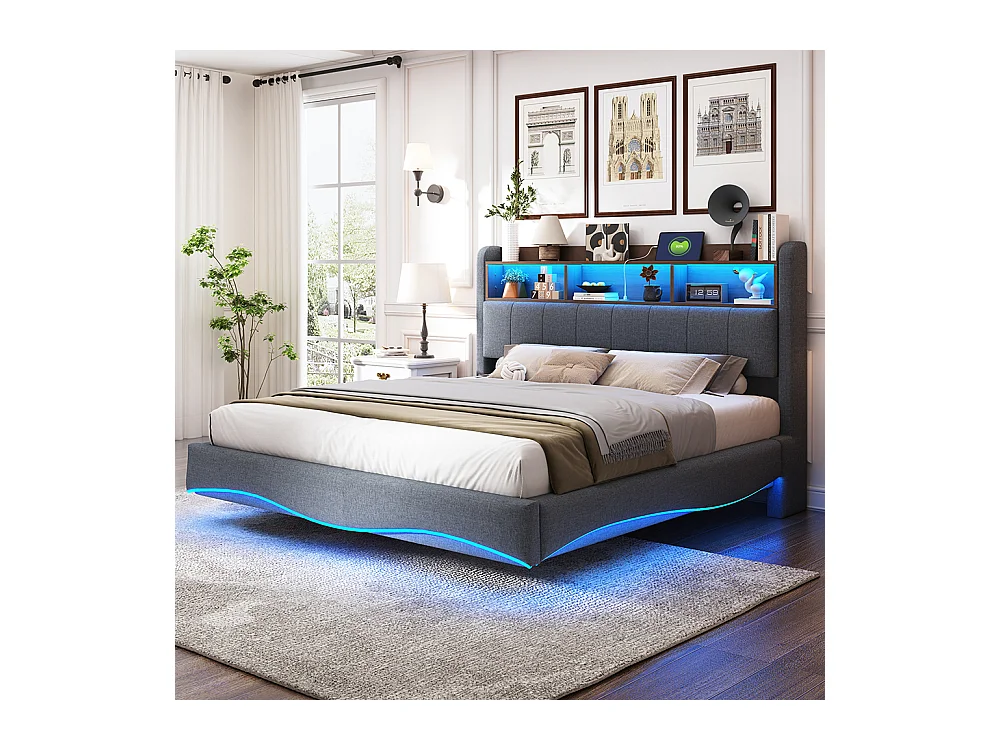 Cadre de lit suspendu 160x200 lit de rangement multifonctionnel avec LED interface USB et TYPE-C Gris