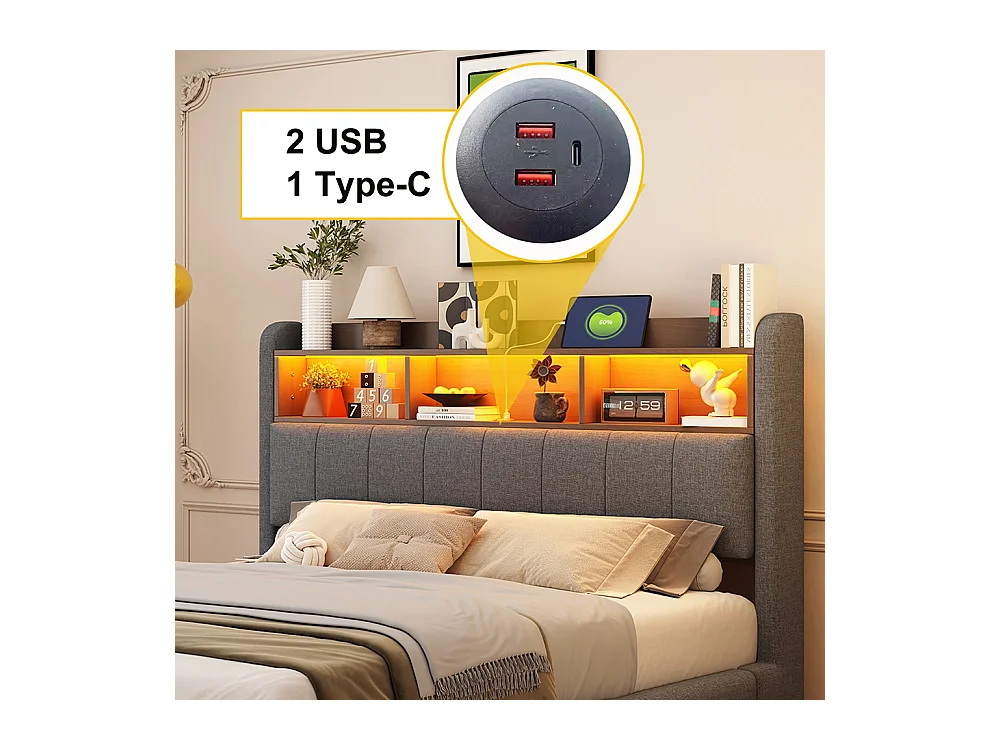 Cadre de lit suspendu 160x200 lit de rangement multifonctionnel avec LED interface USB et TYPE-C Gris
