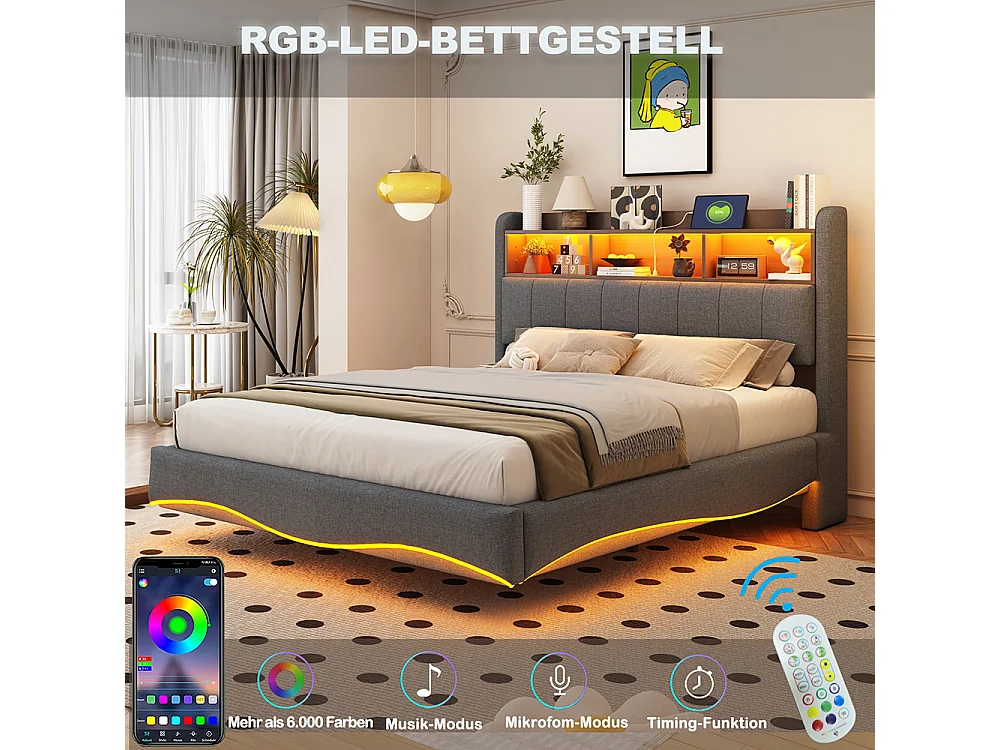 Cadre de lit suspendu 160x200 lit de rangement multifonctionnel avec LED interface USB et TYPE-C Gris