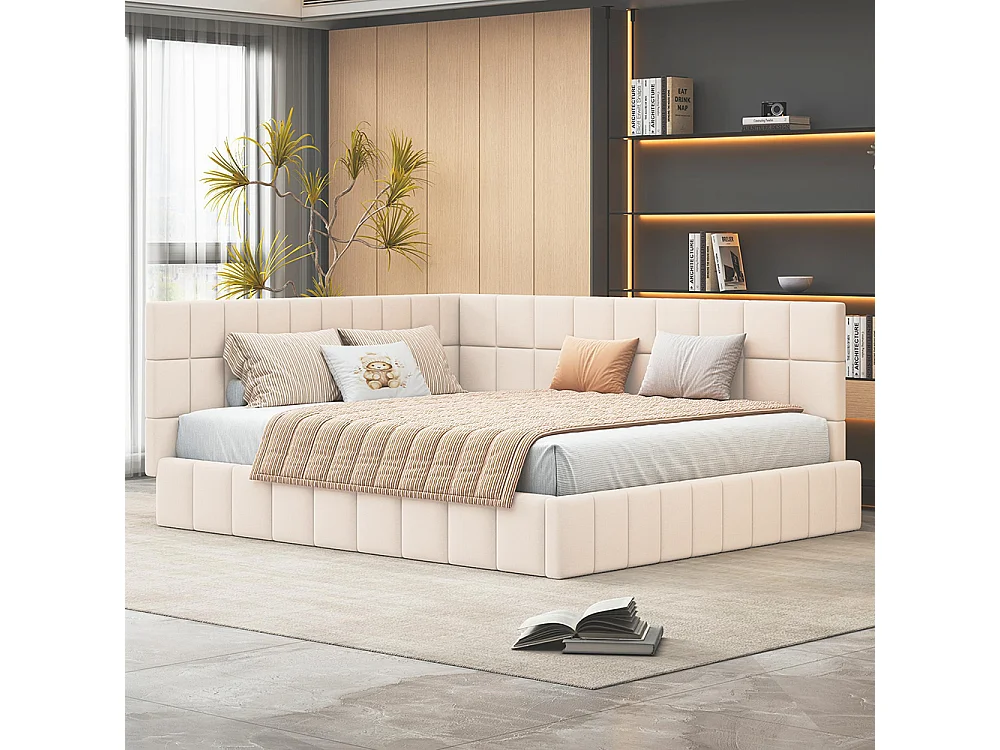 Cadre de lit 160x200 lit multifonctionnel avec sommier à lattes tissu velours Beige