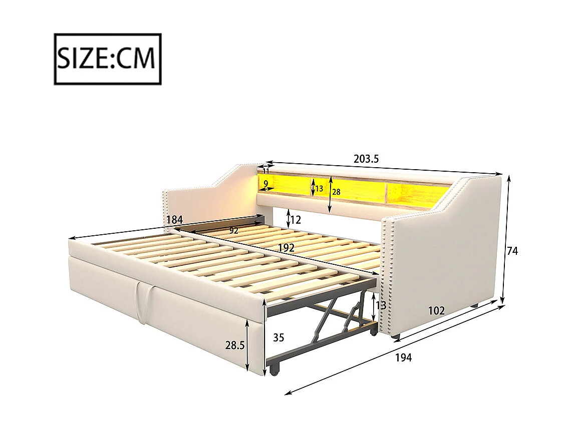 Cadre de lit Lit extensible 90/180x190 Rangement multifonctionnel LED et prise USB Beige