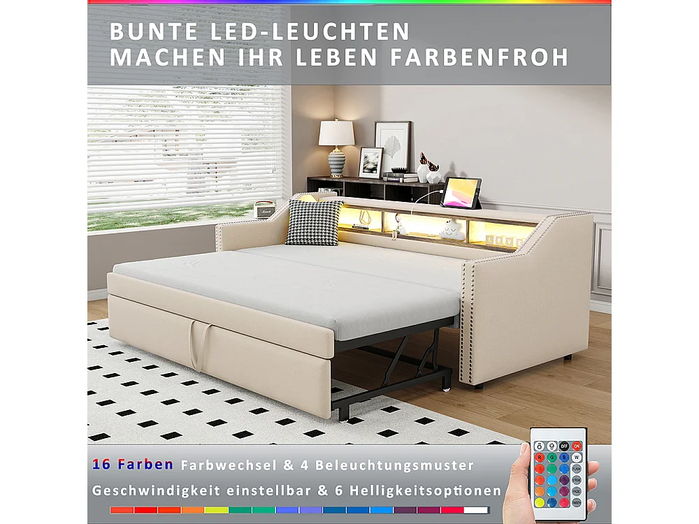 Cadre de lit Lit extensible 90/180x190 Rangement multifonctionnel LED et prise USB Beige