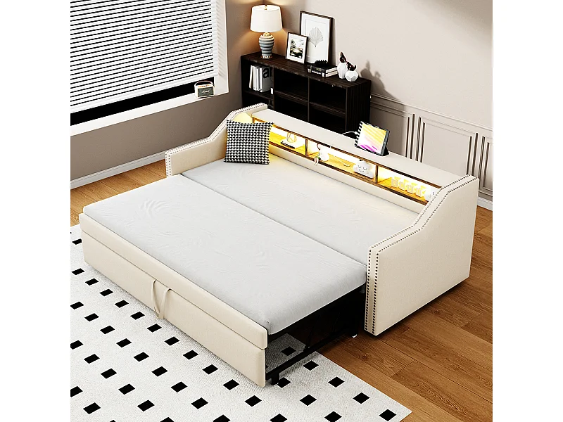 Cadre de lit Lit extensible 90/180x190 Rangement multifonctionnel LED et prise USB Beige