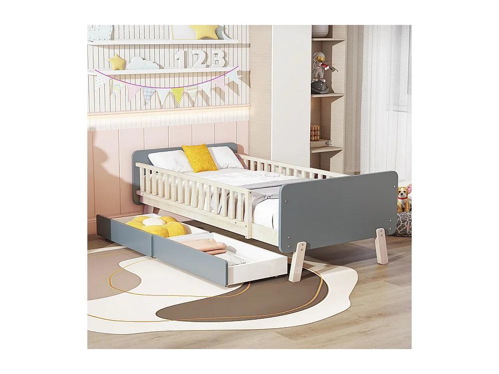 Cadre de lit Lit avec tiroir enfant 90x190 avec 2 tiroirs lit simple en bois massif avec sommier à lattes Gris